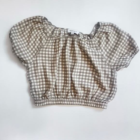 GILLI CREAM PUFFED SMOCKED ELASTIC CROPPED BLOUSE GINGHAM PATTERN SIZE S - Picture 5 of 10